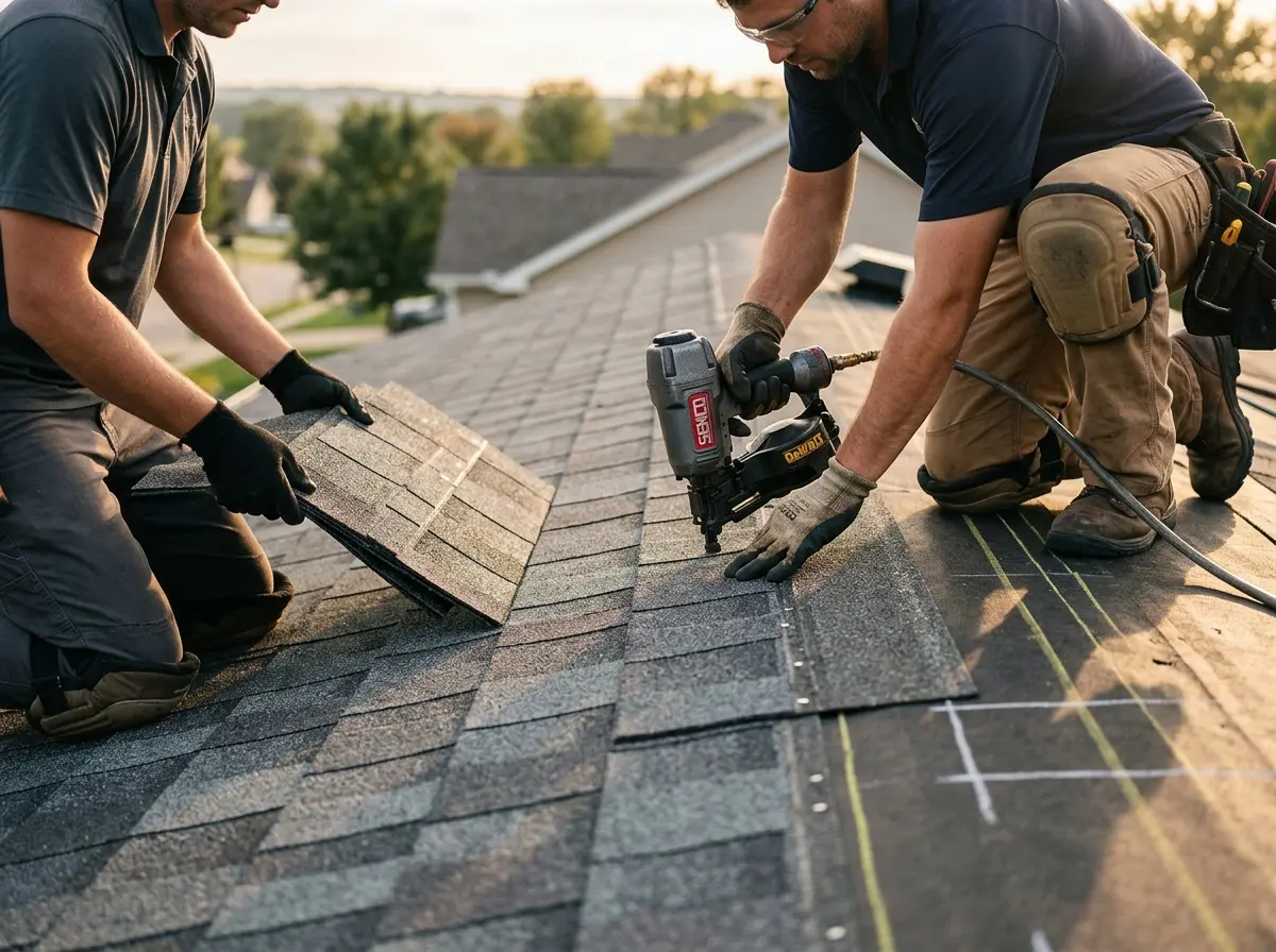 Professional roofer working on a residential roof in Bow